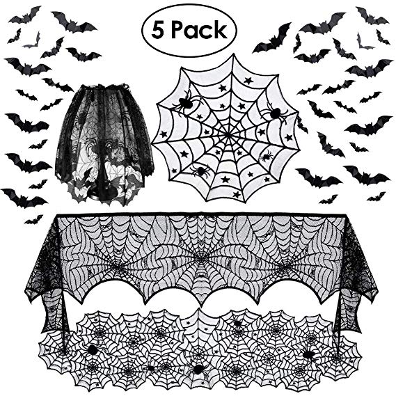 Winjoy 40 PCS Halloween Black Lace Indoor Decoration-Spider Web Fireplace Mantle Scarf Lace Lamp Shade Cover And 36 PCS 3D Bats Wall Sticker Decal,Rectangular Tablecloth Cover For Halloween Festive Pa