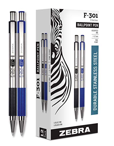 Zebra Pens Fine Point F 301, Bulk Combo Pack of 6 BLACK INK & 6 BLUE INK metal pens (Total of 12 Pens), Ballpoint Stainless Steel Retractable 0.7mm fine point ink pens