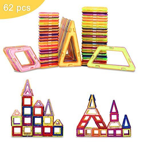 MagicKIDS 62 Pcs Magnetic Building Blocks Construction Learning Educational Toys Set - Great Gift for Toddlers / Kids(62pc rainbow1)