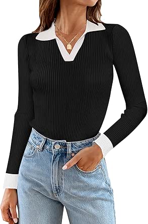 MEROKEETY Womens 2024 Fall V Neck Long Sleeve T Shirts Slim Fitted Ribbed Knit Casual Tee Tops