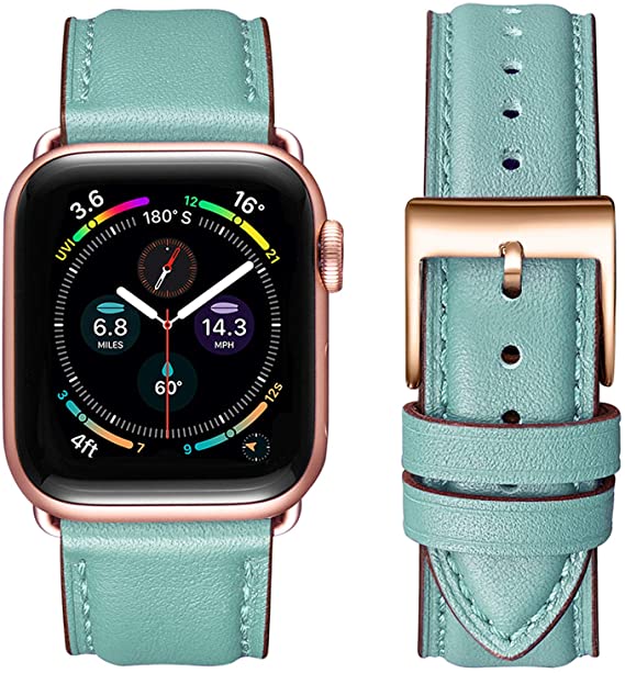OMIU Square Bands Compatible for Apple Watch 38mm 40mm 42mm 44mm, Genuine Leather Replacement Band Compatible with Apple Watch Series 6/5/4/3/2/1, iWatch SE(Tiffany Blue/Rose Gold,38mm 40mm)
