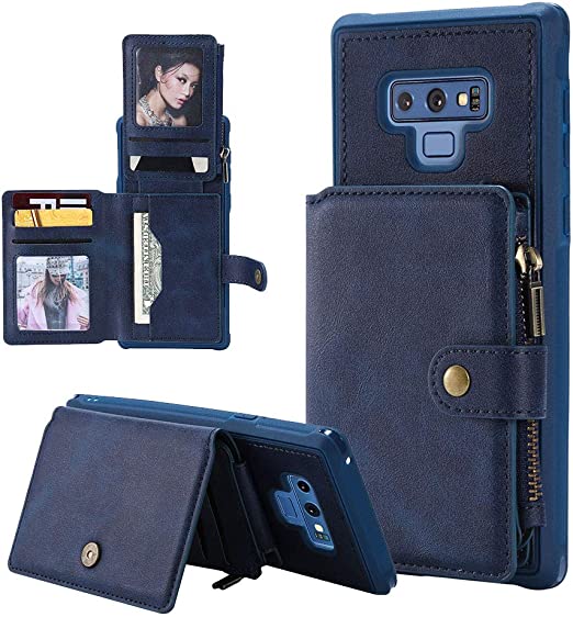 for Samsung Galaxy Note 9 Zipper Wallet Case,Aearl Samsung Note 9 Flip Folio Credit Card Slot Money Pocket Magnetic Detachable Buckle Wallet Phone Case for Women Men-Blue