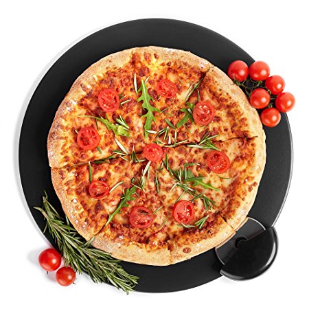 Kenley Black Pizza Stone Set for Baking & Cooking Pizzas & Bread in Oven, Grill or BBQ - Round Stone 15" with Pizza Cutter - Large Flat Ceramic Pan Cooks Pizza Evenly & Gives Crispy Crust