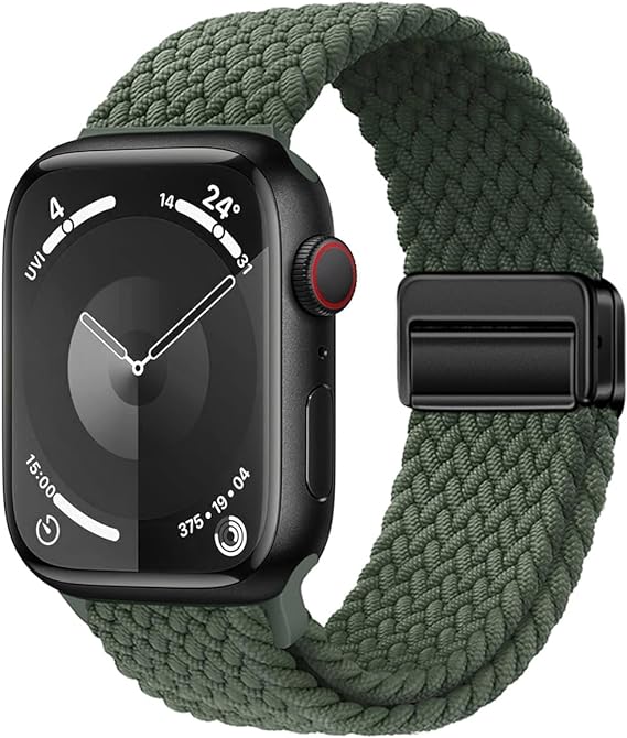 Sport Solo Loop Compatible with Apple Watch Band 42mm 44mm 45mm 49mm for Women Men,Adjustable Magnetic Stretchy Nylon Braided Wristband for iWatch Series 9 8 7 6 5 4 3 Ultra 2 SE SE2,Green