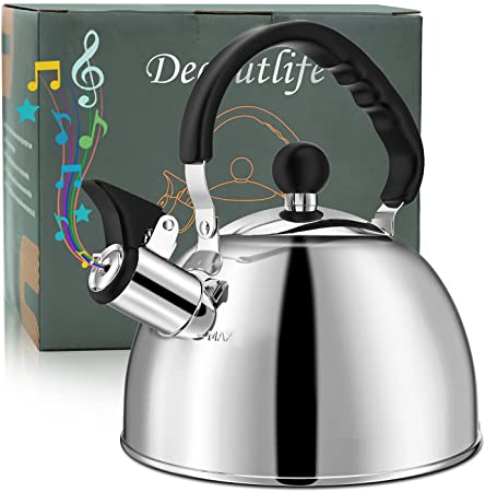 Tea Kettle Stovetop 2.3 Quart Mirror Finished Stainless Steel Whistling Teakettle For Stovetop Tea Pot with Folding Cool Grip Ergonomic Handle Small Tea Pot Water Boiler for Home Kitchen