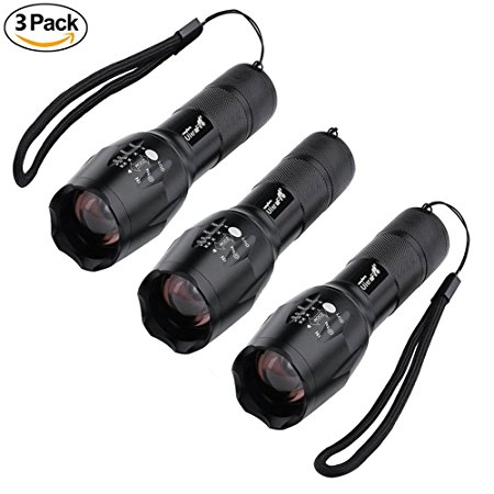 NOPTEG LED Tactical Flashlight, Zoomable LED Torch, Adjustable Focus 1000 Lumens XML T6 Outdoor Water Resistant Handheld Flashlights for Camping Hiking (3 Pack)