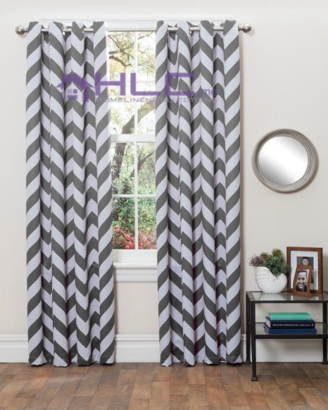 HLC.ME Chevron Print Thermal Insulated Blackout Window Curtain Panels, Pair, Chrome Grommet Top, Grey