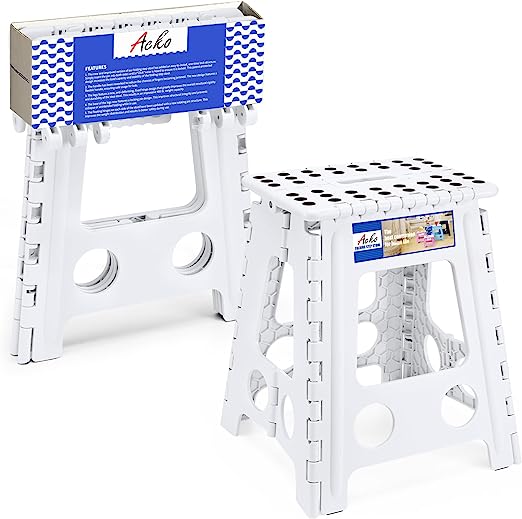 Acko 16 Inches Super Strong Folding Step Stool for Adults and Kids, White Kitchen Stepping Stools, Garden Step Stool, Holds up to 330 LBS