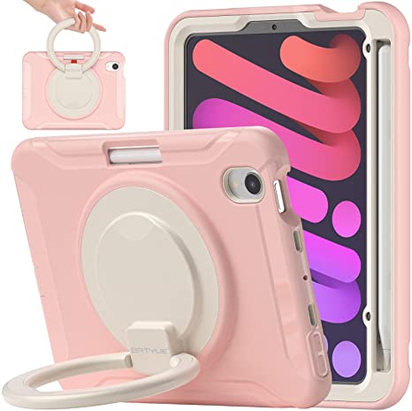 BATYUE iPad Mini 6th Generation Case, iPad Mini 6 Case 2021 with Apple Pencil Charging Pencil Holder/ 360° Swivel Stand/ Handle Grip, Shockproof Protective Rugged Case for iPad Mini 6 -- Cheery Pink