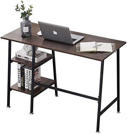 VECELO Computer Desk Office workstation Study Table for writing H Shape with 2-Tier Shelves for storage,Dark Brown