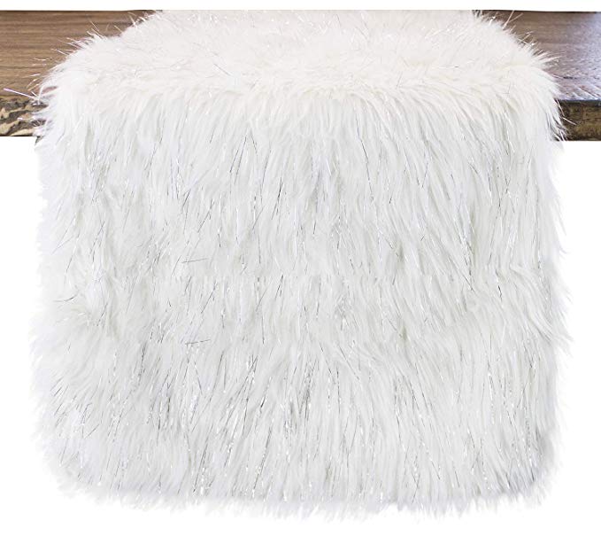 Fennco Styles Holiday Christmas Decorative Exquisite Faux Fur with Silver Lurex Thread Table Runner - 2 Colors (White, 16"x72" Table Runner)