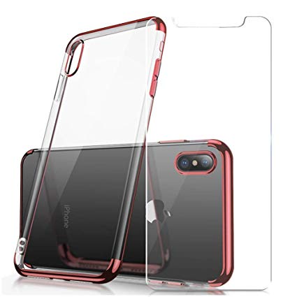 Crystal Clear TPU Cover iPhone Case (Supports Wireless Charging), Protective Back Case with Soft Shock Absorption Bumper and Tempered Glass Screen Protector Set for iPhone XR (Pink)