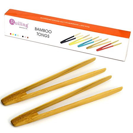 RuiLing Long Grip 2-Pack 9.5-Inch Natural Bamboo Kitchen Tongs Toast Tongs.