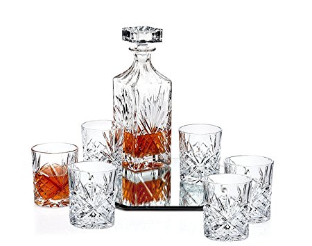 Klikel 8-piece Dublin Crystal Whiskey Drink Drinkware Barware Set With Rectangular Decanter And 6 Dof Double Old Fashioned Glasses on Octagon Mirror Tray