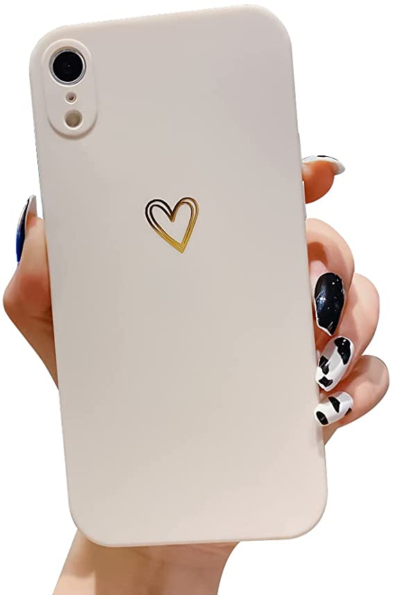 Ownest Compatible with iPhone XR Case for Soft Liquid Silicone Gold Heart Pattern Slim Protective Shockproof Case for Women Girls for iPhone XR-White