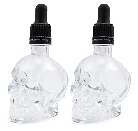 Cornucopia Skull Glass Dropper Bottles (2-Pack, 2oz, Clear); Bitter Flavor Tattoo and Beard Oil Dispenser