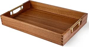 LotFancy Wood Serving Tray, 17x13”, Sapele Mahogany Large Food Tray with Gold Handles, Decorative Wooden Tray for Living Room, Ottoman, Coffee Table, Countertop Centerpiece