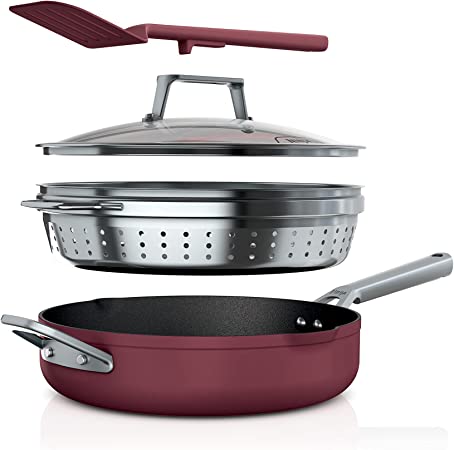 Ninja CW102RD Foodi NeverStick PossiblePan, Premium Set with 4-Quart Capacity Pan, Steamer/Strainer Basket, Glass Lid & Integrated Spatula, Nonstick, Durable & Oven Safe to 500°F, Cherry Tart