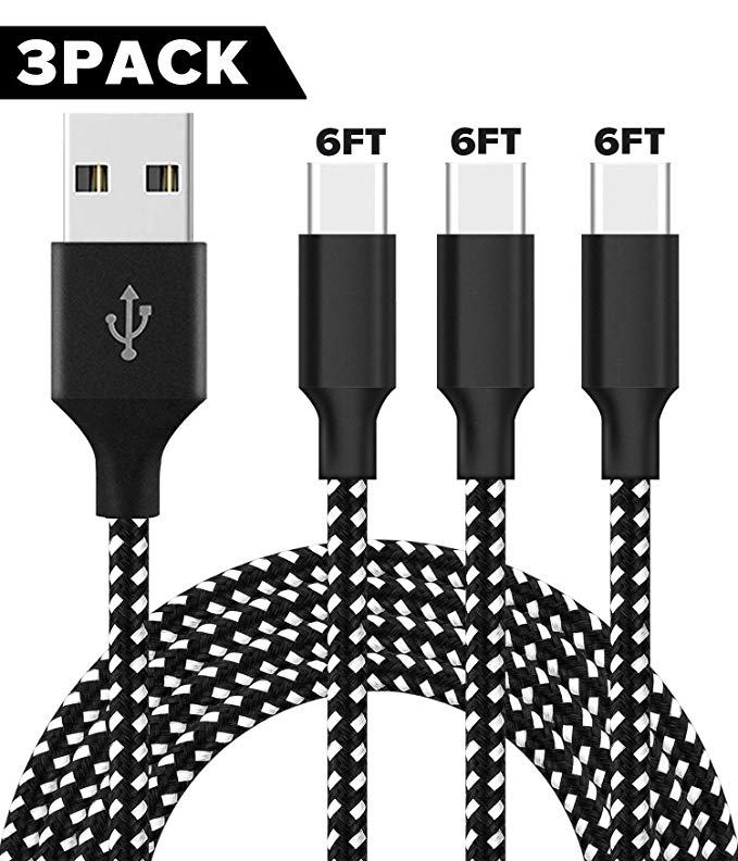 USB C Cable, Youer 3Pack 6FT USB C to USB A Fast Charging Nylon Braided Cable - Black White
