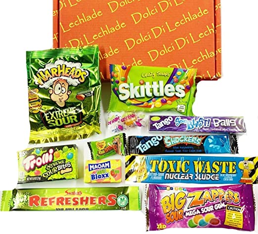 American Sour Sweets Gift Box USA Sour Candy vs British Sour Sweet by Dolci Di Lechlade - Warheads, Toxic Waste, Haribo Maoam, Tango, Chupa Chups