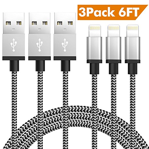TNSO iPhone Cable 3Pack 6FT Extra Long Nylon Braided 8 Pin Lightning Cable USB Charger Cord Compatible with iPhone 7/7 Plus/6S/6S Plus,5/5S/SE,iPad,iPod