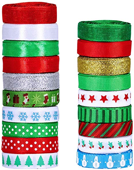 19 Rolls 135 Yard Christmas Ribbons Trims Printed Grosgrain Ribbons Multicolor Organza Ribbons Satin Ribbons Metallic Glitter Ribbons 3/8" Wide for Winter Holiday Festival Season Gift Wrapping Party