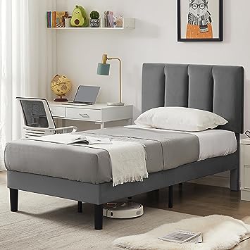 VECELO Twin Size Bed Frame, Upholstered Platform Bedframe, Adjustable Headboard, Wood Slat Support, No Box Spring Needed, Easy Assembly, Grey