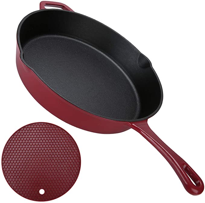 Kinovation Pre-Seasoned Cast Iron Skillet, 12 Inch Oven Safe Cookware with Silicone Mat - Grill, Stovetop, Induction Safe