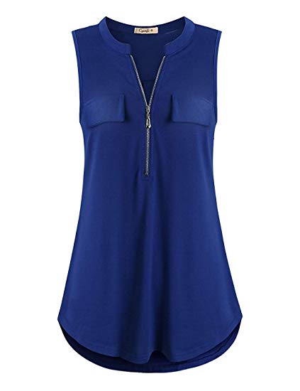 Cyanstyle Women's V Neck Zip Up Casual Tank Top Flaps at Chest Sleeveless Tunic