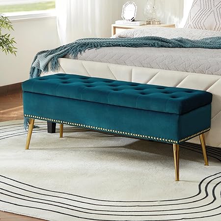 HULALA HOME Modern Velvet Storage Ottoman Bench with Gold Base & Nailhead Trim, Upholstered Bedroom Bench for End of Bed, Button-Tufted Footstool for Entryway Living Room Dining Room, Teal