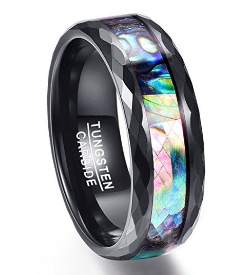 Vakki 8mm Men's Abalone Shell & Polished Black Faceted Tungsten Carbide Rings Wedding Bands Size 5-14
