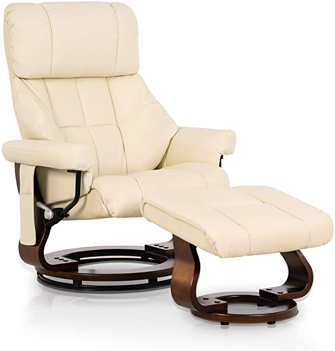 Mcombo Recliner with Ottoman Reclining Chair with Vibration Massage, 360 Degree Swivel Wood Base, Faux Leather 9068 (Cream White)