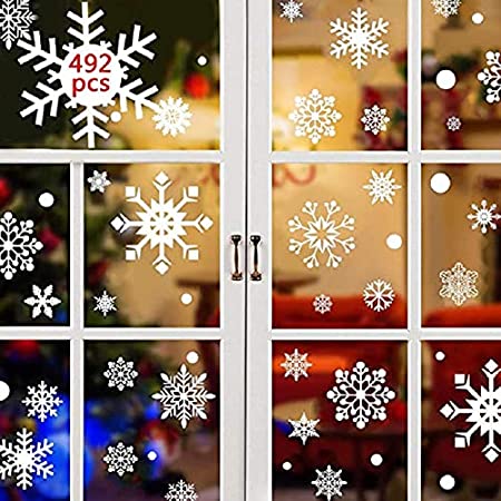 UMIPUBO 492 pcs White Snowflakes Window Stickers Static Decal Stickers Snow Flakes Stickers for Christmas Window Clings Decorations (B:21 * 29.5cm*12)