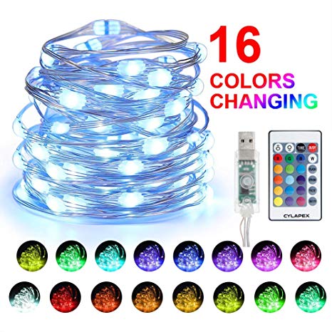 CYLAPEX USB Fairy Light Multi Color Changing with Remote, Led String Lights USB Powered, 100 LEDs 33 Ft Dimmable 16 Colors Indoor Decorative Silver Wire Lights for Décor Tree Bedroom Wedding Party