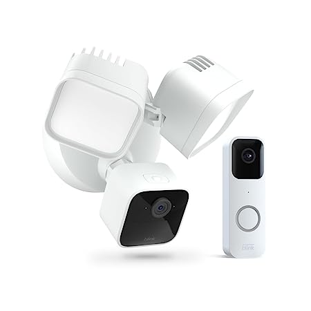 Wired Floodlight Camera   Blink Video Doorbell | Two-way audio, HD day and night video, motion detection, works with Alexa — (White)