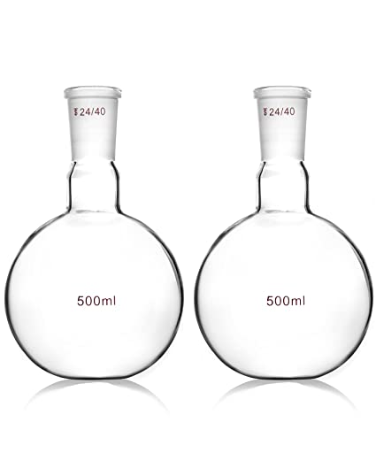 QWORK Glass 500ml Single Neck Flat Bottom Boiling Flask, with 24/40 Standard Joint, 2 Pack Heavy Wall Distillation Receiving Apparatus, Taper Outer Joint Lab Glassware, 500mL