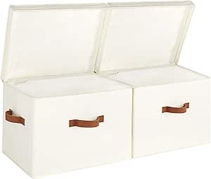 StorageWorks Closet Storage Bin with Lids, Decorative Storage Boxes with Handles, Fabric Storage Bins for Clothes, Jumbo, Ivory White, 2-Pack