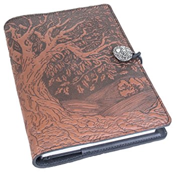 Genuine Leather Refillable Journal Cover   Hardbound Blank Insert | 6x9 Inches | Tree of Life, Saddle With Pewter Button | Made in the USA by Oberon Design