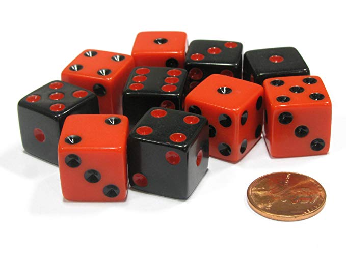 Set of 10 Six Sided Square Opaque 16mm D6 Dice - Inverse Black and Red by Koplow Games