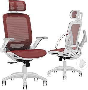 GABRYLLY Ergonomic Office Chair, High Back Home Desk Chair with Headrest, Flip-Up Arms, 90-120° Tilt Lock and Wide Cushion, 400LBS Mesh Chairs for Man Woman, White Task Chair(Red,GY01WR)