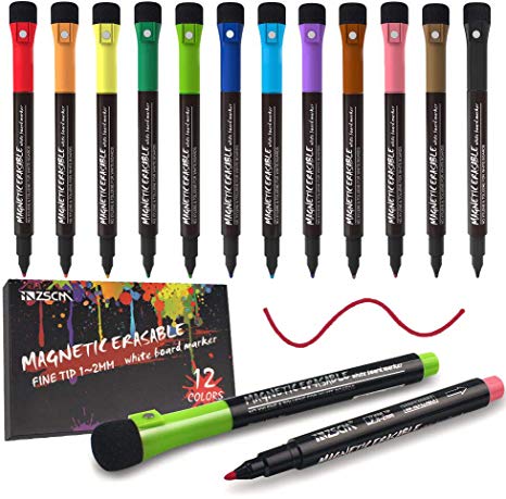 ZSCM 12 Colors Magnetic Fine Tip Dry Erase Markers with Erasers, Low Odor Fine Point Erasable Whiteboard Marker Pen for Classroom Work Office Supplies (12 Colors)