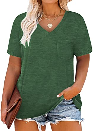 DOLNINE Plus-Size Tops for Women V Neck T Shirts Summer Tunics with Pocket