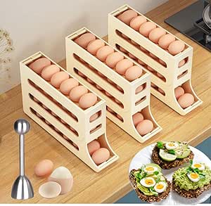 Egg holder, Egg Organizer, Egg Dispenser, egg Refrigerator, Holder Vibration opener for hard and soft eggs, Includes 1 egg organizer, 1 stainless steel egg opener cutter. egg separator for raw eggs.