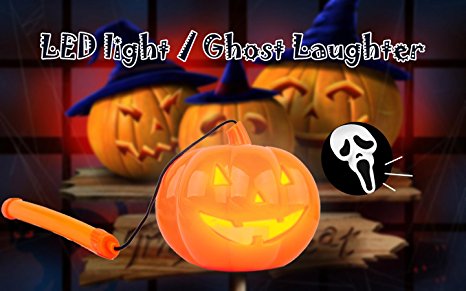 Halloween Decorations Plastic Electric Pumpkin Lamp Pumpkin Lantern with LED Light and Ghost Laughter Portable Jack-O-Lantern With Handle Halloween Toys for Kids