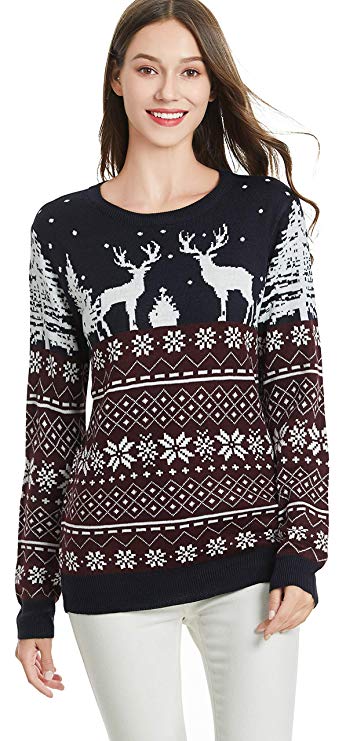 Women's Christmas Reindeer Themed Knitted Holiday Sweater Girl Pullover