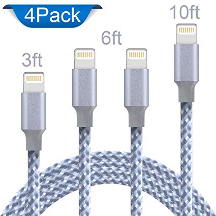 Lightning Cable,AOFU Charger Cables 4Pack 3FT 6FT 6FT 10FT to USB Syncing Data and Nylon Braided Cord Charger for iPhone X/8/8Plus/7/7Plus/6/6Plus/6s/6sPlus/5/5s/5c/SE and More-(Gray White)