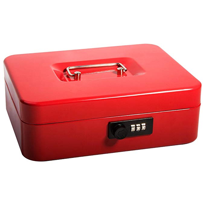 Safe Cash Box with Combination Lock, Decaller Medium Double Layer Cash Box with Money Tray Locking Storage Box, 9 4/5" x 7 4/5" x 3 1/2", QH2503M, Red