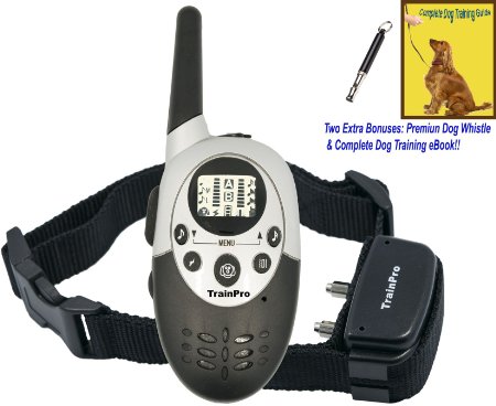 TrainPro Elite 1100 Yard Rechargeable Training Collar with 2016 LCD Remote Control. Best for Large Medium and Small Pets. Expandable to Two dogs. 2 Extra Bonuses: Premium Dog Whistle & Training eBook