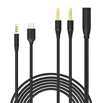 Bluedio Type-C to 3.5mm Audio Cable with Mic(1.5m)   Y Splitter Headphone Extension Audio Stereo Cable 3.5mm Male 2 Ports to Female(1.1m), Compatible with Bluedio T5 T5S T6 T6S V2 TM Headphones(Black)