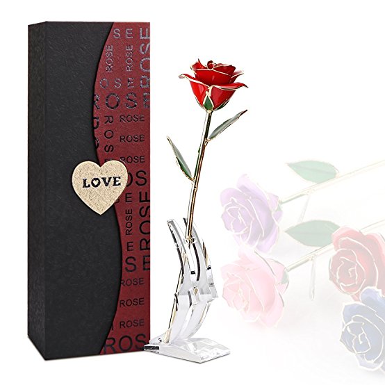Rose Flower, 24K Eternal Golden Plated Rose in Gift Box with Clear Display Stand, Best Gift for Valentine's Day, Mother's Day, Anniversary, Birthday (Red)